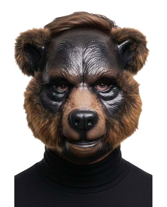 Braunbärmaske aus Kunststoff mit Fell, mit Pappschild/Etikett